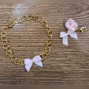 Handmade Gold Tone Bracelet w/ Sweet Baby Pink Bow + Martching Charm 1 of A Kind